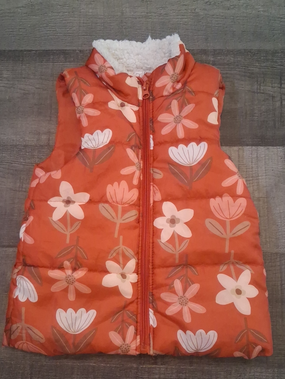 Kids Floral Orange Puffer Vest with Sherpa Lining